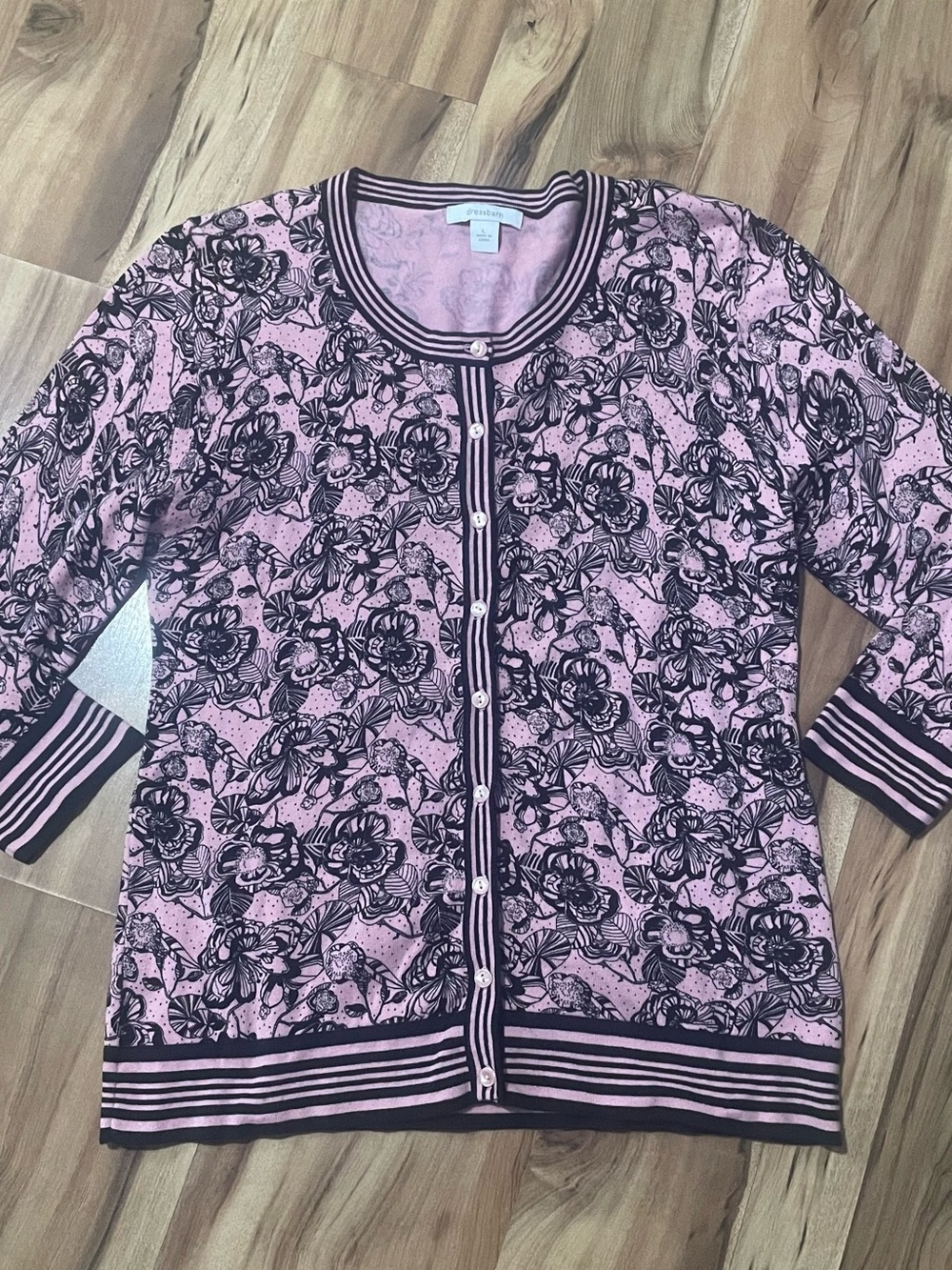 Dressbarn Vintage Pink Black Floral 3/4 Sleeve Cardigan Sweater Size L